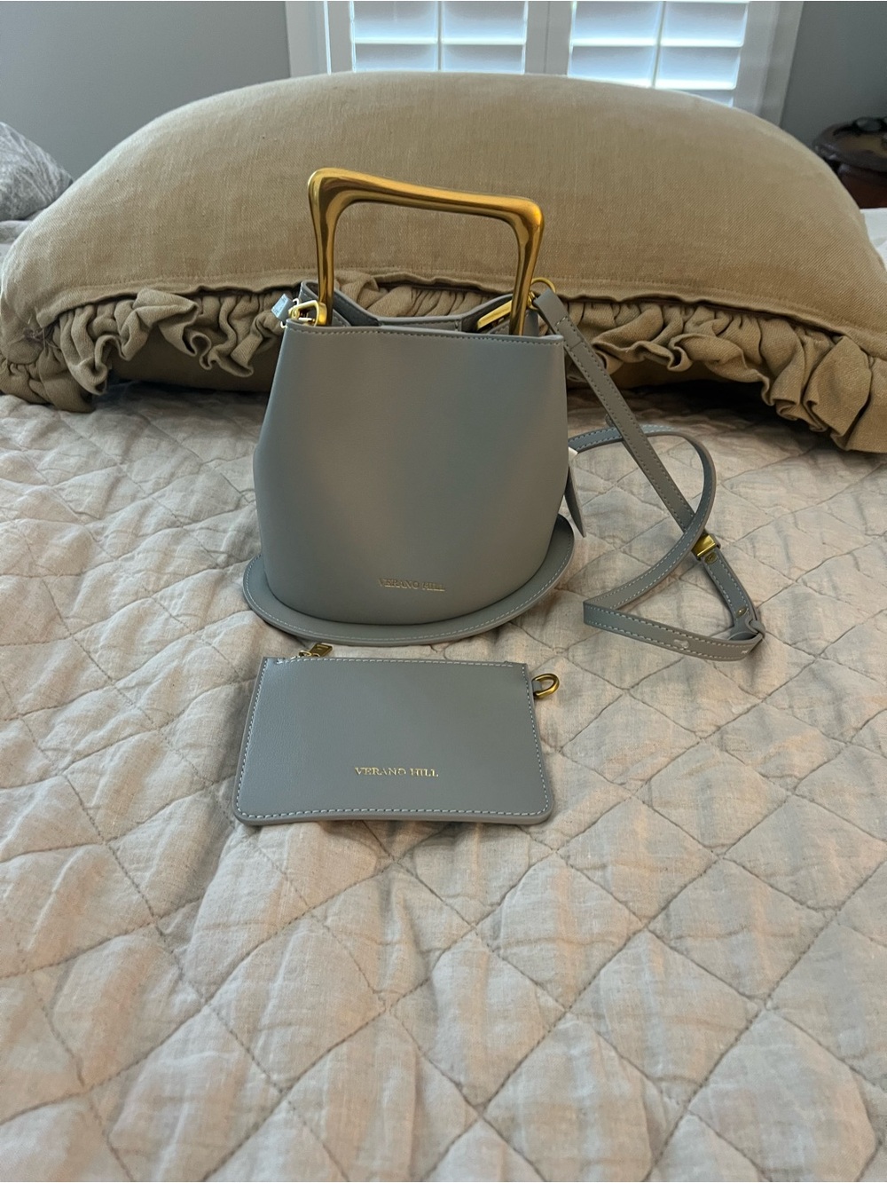 Verano Hill Vienna BagGray Bucket Crossbody Bag with Gold Handle